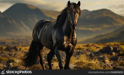 Portrait of black Frisian horse on nature background. Generative AI