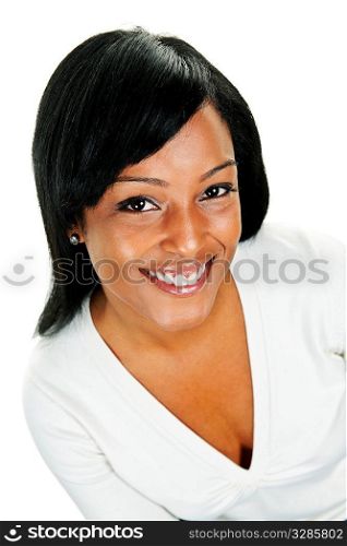 Portrait of black woman smiling isolated on white background