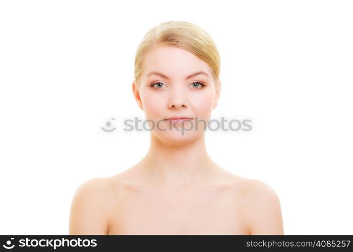 Portrait of blond girl with natural makeup isolated on white. Face of young woman with healthy pure complexion. Female beauty and skin care.