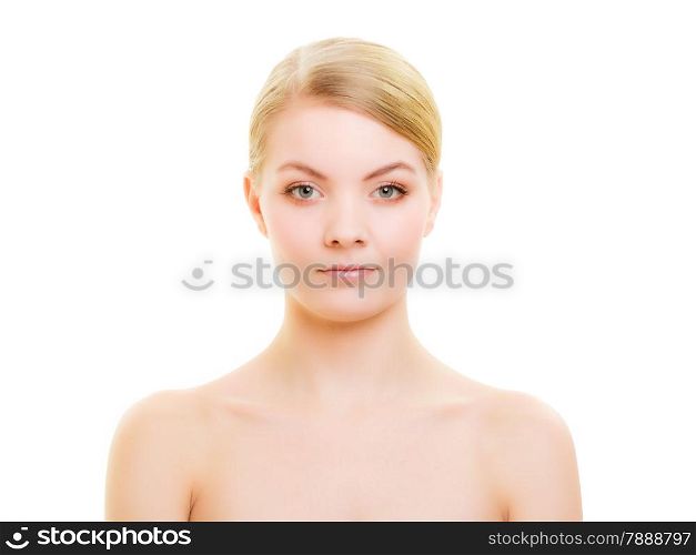 Portrait of blond girl with natural makeup isolated on white. Face of young woman with healthy pure complexion. Female beauty and skin care.