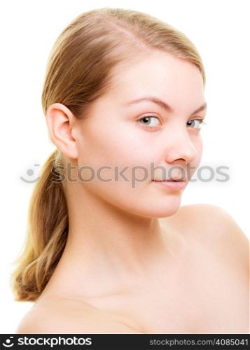 Portrait of blond girl without makeup isolated on white. Face of woman with healthy pure complexion. Natural female beauty.