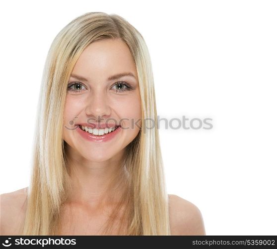 Portrait of blond hair smiling girl on white background