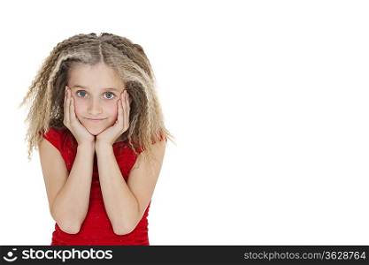 Portrait of bored girl in red outfit over white background