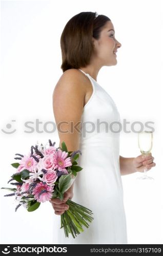 Portrait Of Bride Holding Bouquet And Wine Glass