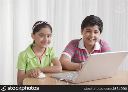 Portrait of brother and sister using laptop