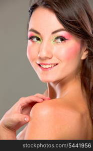 Portrait of brown hair pretty young girl looking in corner&#xA;