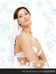 portrait of brunette angel girl in white lingerie with snowflakes