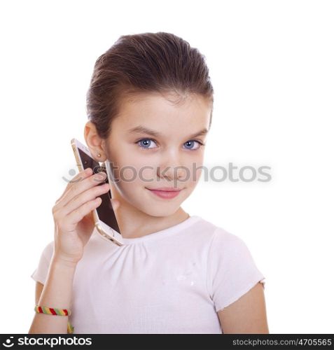 Portrait of brunette Caucasian schoolgirl calling by phone, isolated on white background