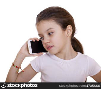 Portrait of brunette Caucasian schoolgirl calling by phone, isolated on white background