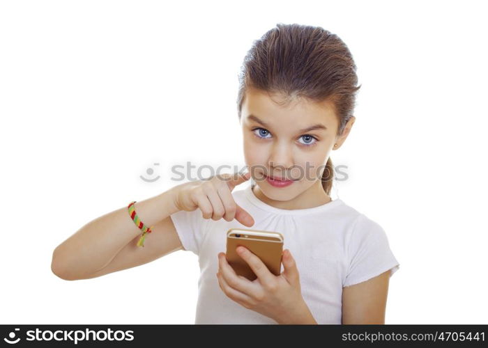 Portrait of brunette Caucasian schoolgirl with mobile phone isolated on white