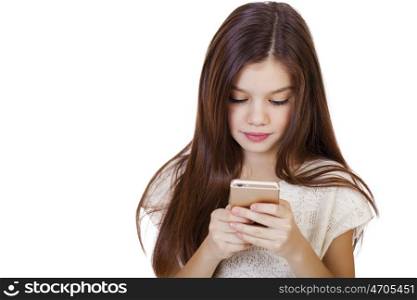 Portrait of brunette Caucasian schoolgirl with mobile phone isolated on white