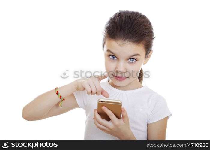 Portrait of brunette Caucasian schoolgirl with mobile phone isolated on white