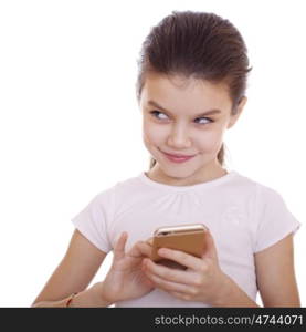 Portrait of brunette Caucasian schoolgirl with mobile phone isolated on white