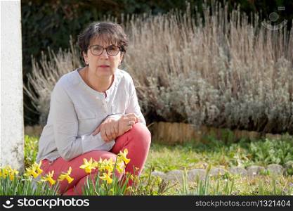 portrait of brunette mature woman in her garden with daffodils