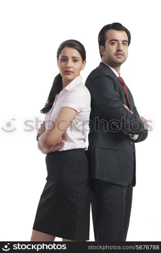 Portrait of business colleagues standing arms crossed over white background