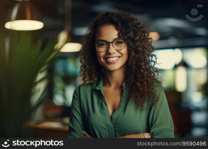 Portrait of business hispanic woman standing, arms crossed in office looking at camera. AI Generative