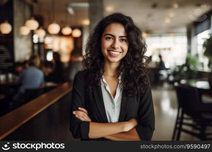 Portrait of business hispanic woman standing, arms crossed in office looking at camera. AI Generative