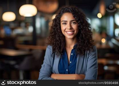 Portrait of business hispanic woman standing, arms crossed in office looking at camera. AI Generative