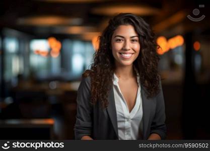 Portrait of business hispanic woman standing, arms crossed in office looking at camera. AI Generative