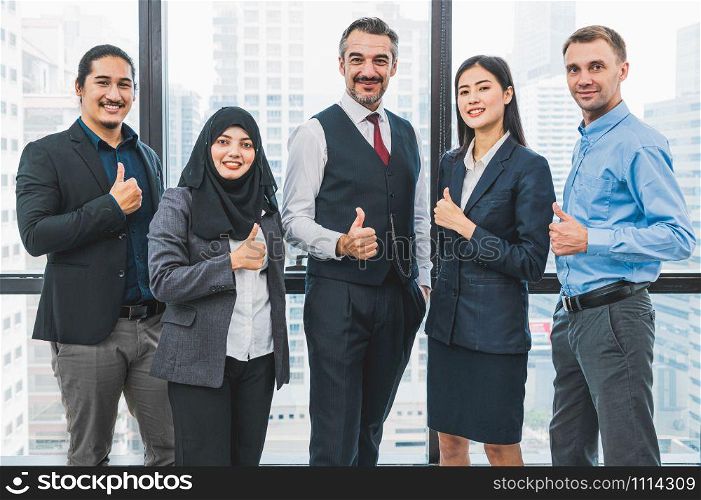 Portrait of business people group having confident in successful job in modern office background. People lifestyl and partnership colleague concept. Teamwork and cooperation diversity and multi-ethics
