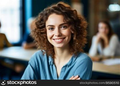 Portrait of business woman sitting with arms crossed in office looking at camera with teammates in the background. AI Generative