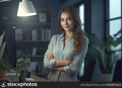 Portrait of business woman standing, arms crossed in office looking at camera. AI Generative