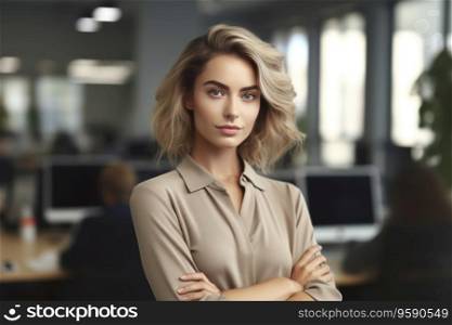Portrait of business woman standing, arms crossed in office looking at camera. AI Generative
