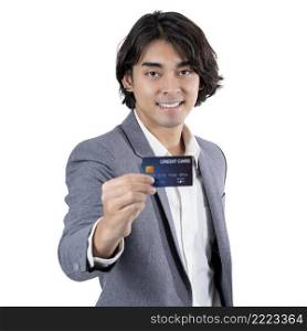 Portrait of businessman showing the credit card mockup on white background, isolate include clipping path, business and online shopping concept
