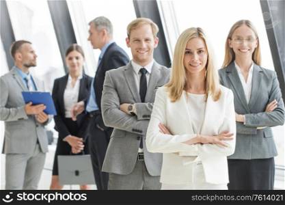 Portrait of businessteam standing in office, smiling, senior executive people in focus. Portrait of businessteam in office