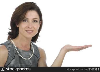Portrait of businesswoman gesturing, isolated on white