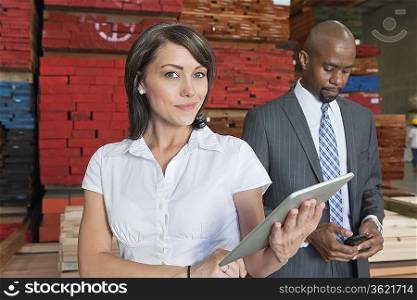 Portrait of businesswoman holding tablet PC while colleague using cell phone