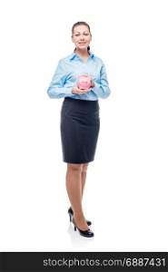 Portrait of businesswoman isolated on white background with piggy bank in hands