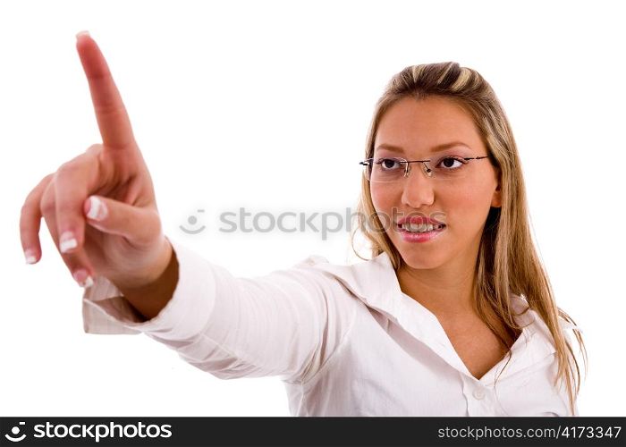 portrait of businesswoman pointing up with white background