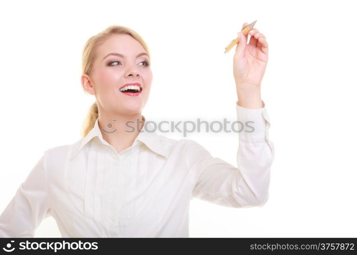 Portrait of businesswoman with pen. Woman writing on empty blank copy space screen whiteboard. Business concept. Isolated on white