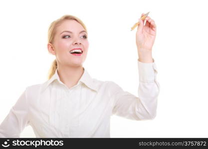 Portrait of businesswoman with pen. Woman writing on empty blank copy space screen whiteboard. Business concept. Isolated on white