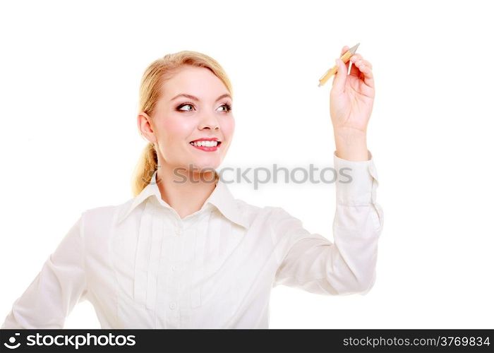 Portrait of businesswoman with pen. Woman writing on empty blank copy space screen whiteboard. Business concept. Isolated on white