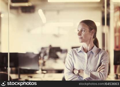 portrait of casual business woman at her modern start up business office interior