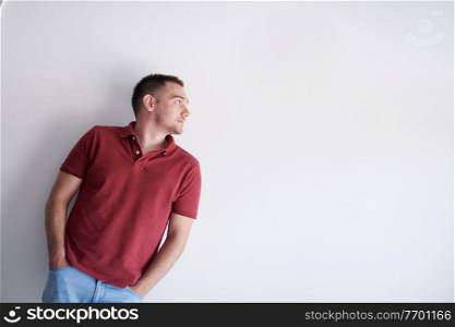 portrait of casual startup businessman wearing a red T-shirt isolated on white background