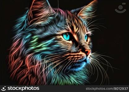 portrait of cat in neon colors on a dark background, generative ai