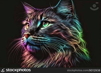 portrait of cat in neon colors on a dark background, generative ai