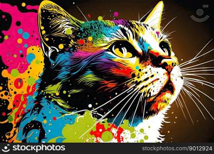 portrait of cat in pop art style, flying colors, expression, generative ai