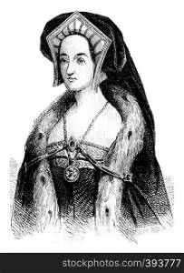 Portrait of Catherine Howard, of after Holbein, vintage engraved illustration. Colorful History of England, 1837.
