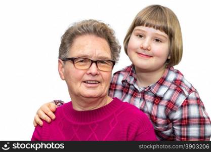 Portrait of caucasian grandmother and grandchild together isolated on white background