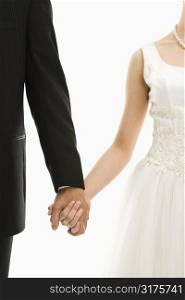Portrait of Caucasian groom and Asian bride holding hands.