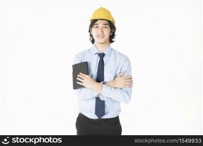 Portrait of Caucasian handsome engineering man is confident on white background