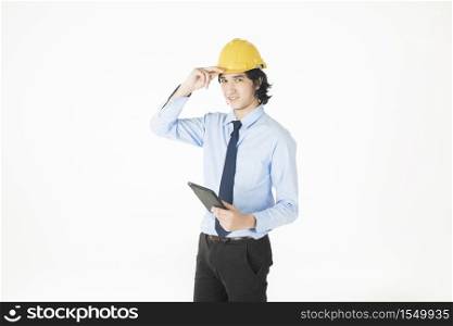 Portrait of Caucasian handsome engineering man is confident on white background