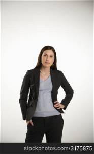 Portrait of Caucasian mid adult professional business woman standing with hand on hip looking at viewer.