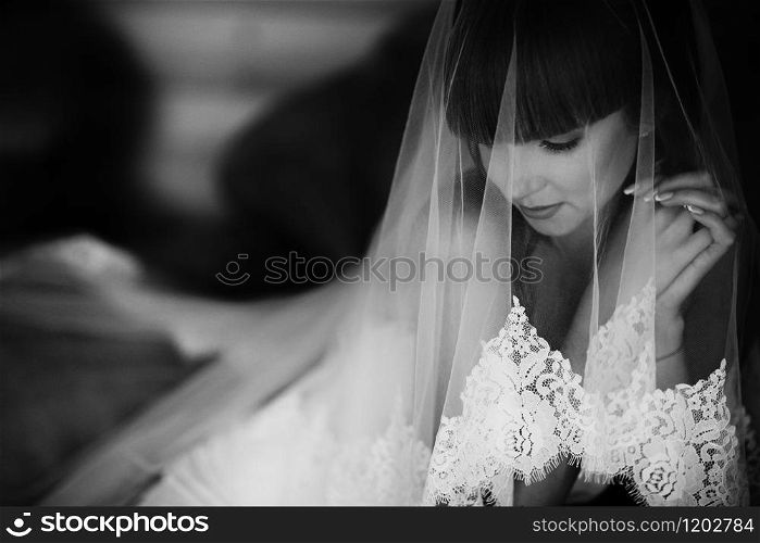Portrait of charming bride enveloped in a veil. Black and white picture of beuatiful bride hidden under the veil. Close up. Wedding morning. Portrait of charming bride enveloped in a veil. Black and white picture of beuatiful bride hidden under the veil. Close up. Wedding morning.