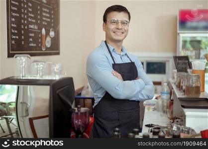 Portrait of cheerful baristas smiling in coffee shop