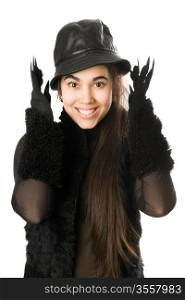 Portrait of cheerful girl in gloves with claws. Isolated on white
